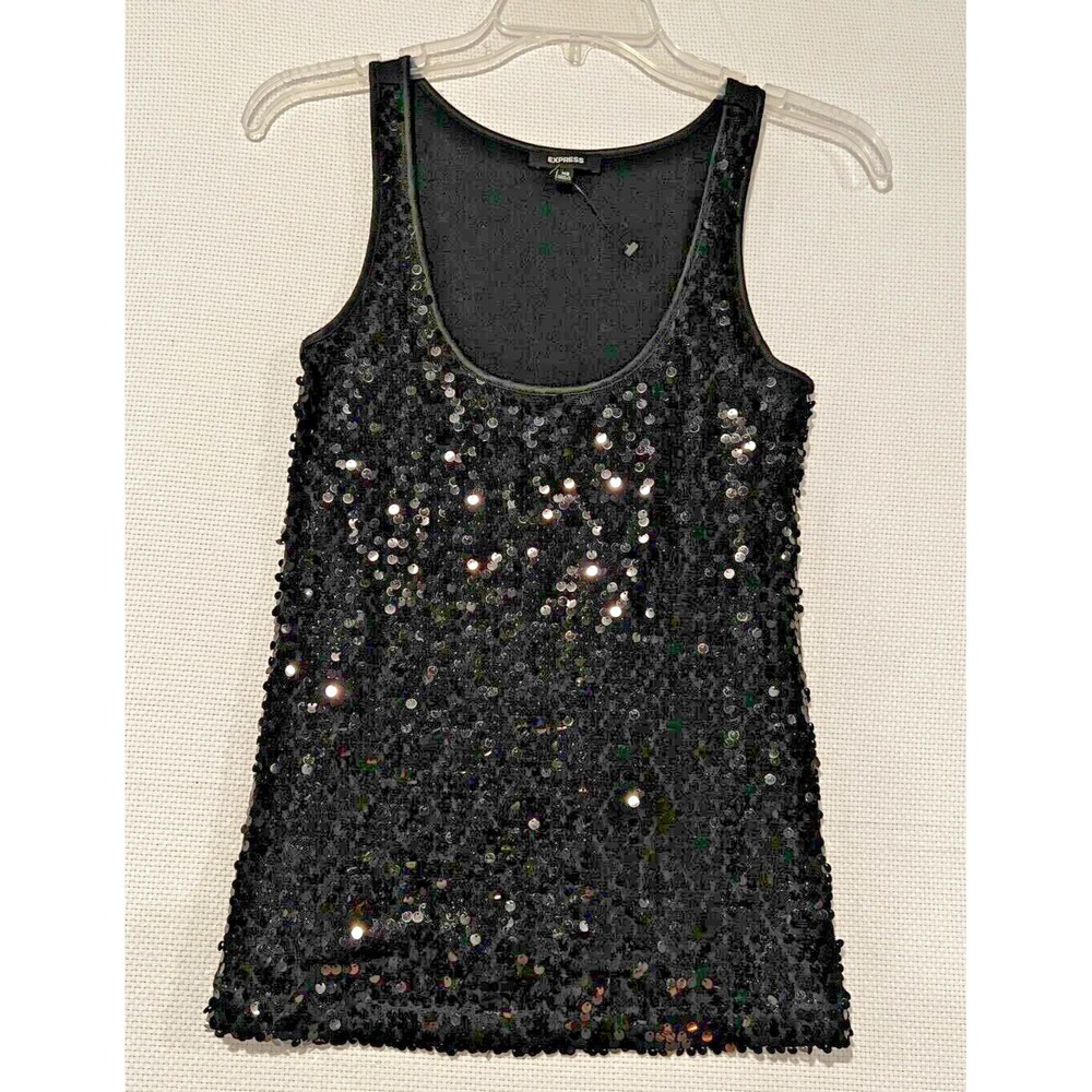 Express Women Black Sequined Scoop Neck Tank Top Sleeveless Size XS